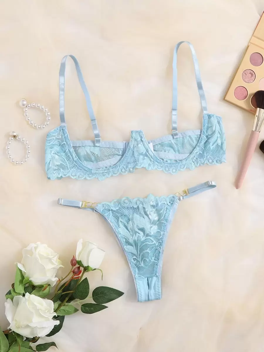 Floral Lace Underwire Lingerie Set - Baby Blue - View 1