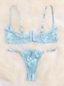 Floral Lace Underwire Lingerie Set - Baby Blue - View 2