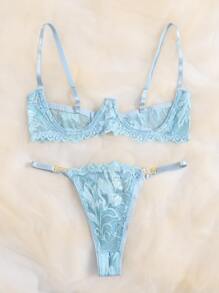 Floral Lace Underwire Lingerie Set - Baby Blue - View 3