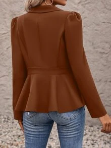Puff Sleeve Single Button Blazer - Coffee Brown - View 2