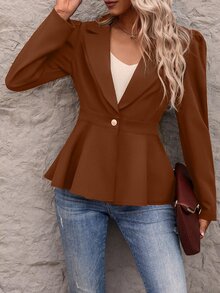 Puff Sleeve Single Button Blazer - Coffee Brown - View 5