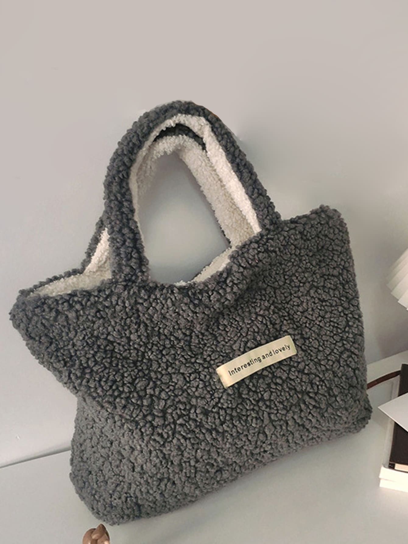 Letter Patched Decor Fuzzy Top Handle Bag - Grey - View 1
