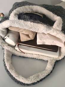 Letter Patched Decor Fuzzy Top Handle Bag - Grey - View 6
