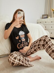 SHEIN Maternity Coffee & Plaid Print Nursing PJ Set / Pajama Set For Mother - Multicolor - View 1