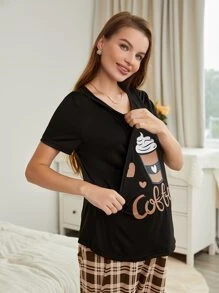 SHEIN Maternity Coffee & Plaid Print Nursing PJ Set / Pajama Set For Mother - Multicolor - View 3