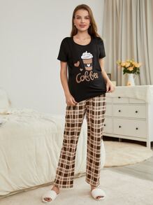 SHEIN Maternity Coffee & Plaid Print Nursing PJ Set / Pajama Set For Mother - Multicolor - View 4
