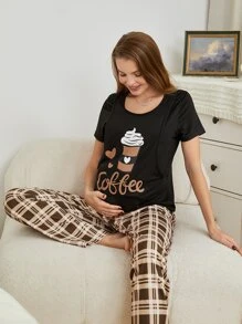 SHEIN Maternity Coffee & Plaid Print Nursing PJ Set / Pajama Set For Mother - Multicolor - View 5