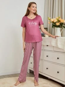 SHEIN Maternity Letter Graphic Nursing Tee & Striped Trousers Lounge Set - Dusty Pink - View 4