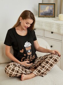 SHEIN Maternity Coffee & Plaid Print Nursing PJ Set / Pajama Set For Mother - Multicolor - View 6