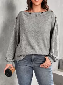 SHEIN LUNE 大碼紐扣細節蝙蝠袖T恤 - 灰色 - 查看 1