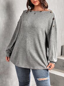 SHEIN LUNE 大碼紐扣細節蝙蝠袖T恤 - 灰色 - 查看 5