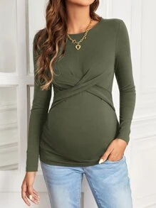 SHEIN Maternity Solid Cross Wrap Tee - Army Green - View 4