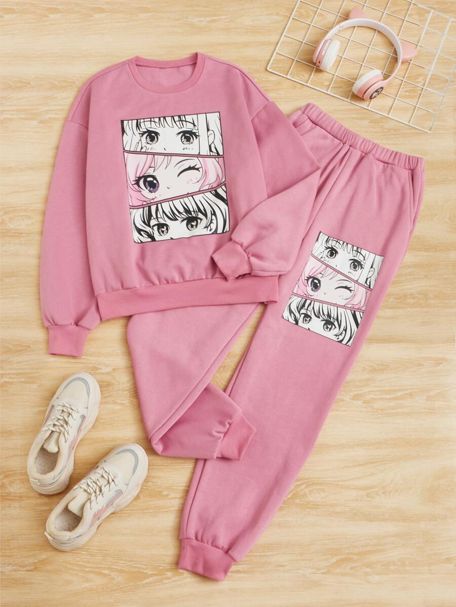 SHEIN Teen Girls Figure Graphic Pullover & Joggers - Dusty Pink - View 1