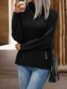SHEIN LUNE Turtleneck Drop Shoulder Jumper - Black - View 3