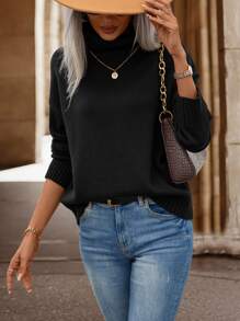 SHEIN LUNE Turtleneck Drop Shoulder Jumper - Black - View 6