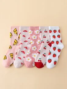 5pairs Mushroom & Floral Pattern Crew Socks