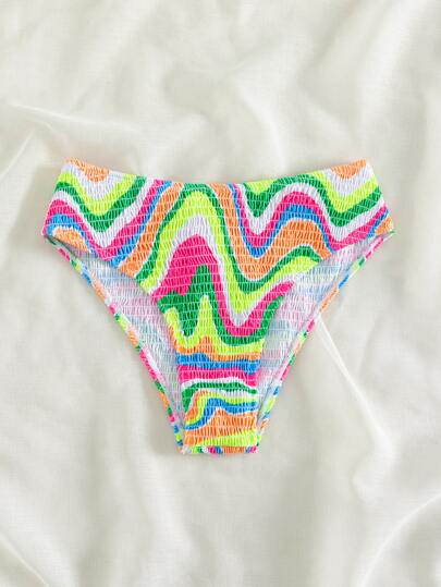 Summer Beach Marble Print Shirred Neon Bikini Bottom