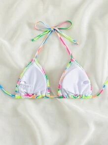 Swim Mod Summer Beach Striped Smocked Halter Triangle Bikini Top - Multicolor - View 2