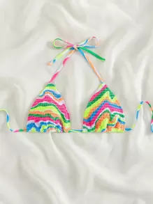 Swim Mod Summer Beach Striped Smocked Halter Triangle Bikini Top - Multicolor - View 5