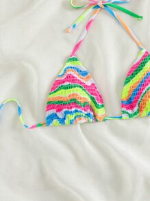 Swim Mod Summer Beach Striped Smocked Halter Triangle Bikini Top - Multicolor - View 6