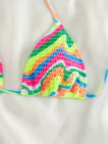 Swim Mod Summer Beach Striped Smocked Halter Triangle Bikini Top - Multicolor - View 7