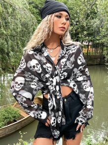 ROMWE PUNK Grunge Skull Print Drop Shoulder Shirt Without Bra - Black and White - View 3