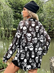 ROMWE PUNK Grunge Skull Print Drop Shoulder Shirt Without Bra - Black and White - View 2