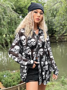 ROMWE PUNK Grunge Skull Print Drop Shoulder Shirt Without Bra - Black and White - View 4