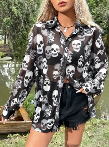 ROMWE PUNK Grunge Skull Print Drop Shoulder Shirt Without Bra - Black and White - View 1