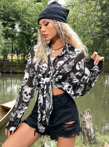ROMWE PUNK Grunge Skull Print Drop Shoulder Shirt Without Bra - Black and White - View 6