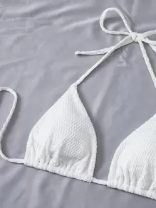 Swim Mod Summer Beach Textured Bikini Set Halter Triangle Bra & High Waisted Bottom & Beach Skirt - White - View 3
