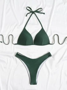 實心領式推撞夏季海灘比基尼套裝 - 墨綠色 - 查看 1