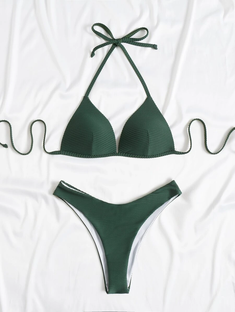 實心領式推撞夏季海灘比基尼套裝 - 墨綠色 - 查看 1