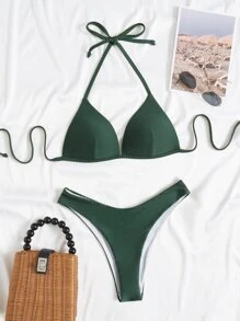 實心領式推撞夏季海灘比基尼套裝 - 墨綠色 - 查看 3