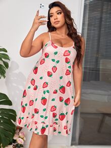 Camisón de pijama con estampado de fresa y dobladillo con volantes para tallas grandes - Rosa Pálido - Ver 1