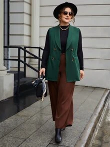 SHEIN Clasi Plus Shawl Collar Double Breasted Vest Blazer - Dark Green - View 3