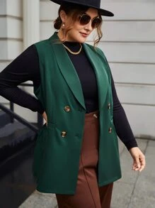 SHEIN Clasi Plus Shawl Collar Double Breasted Vest Blazer - Dark Green - View 5