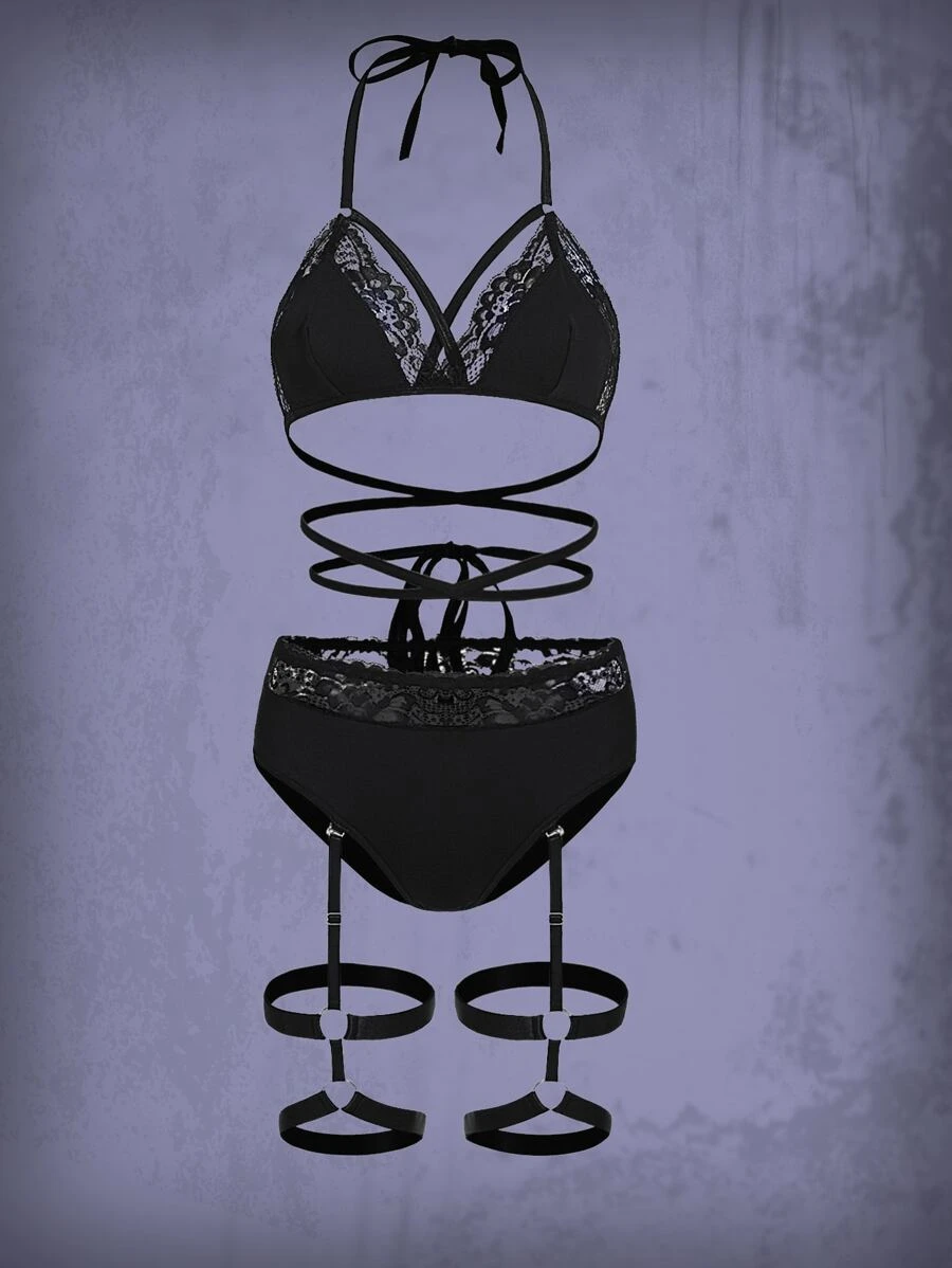 ROMWE 蕾絲拼接交叉吊帶襪內衣套裝 - 黑色 - 查看 1