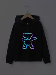 Tween Girl Casual Sweatshirt With Reflective Bear Print And Drop Shoulder Design - Black - View 1