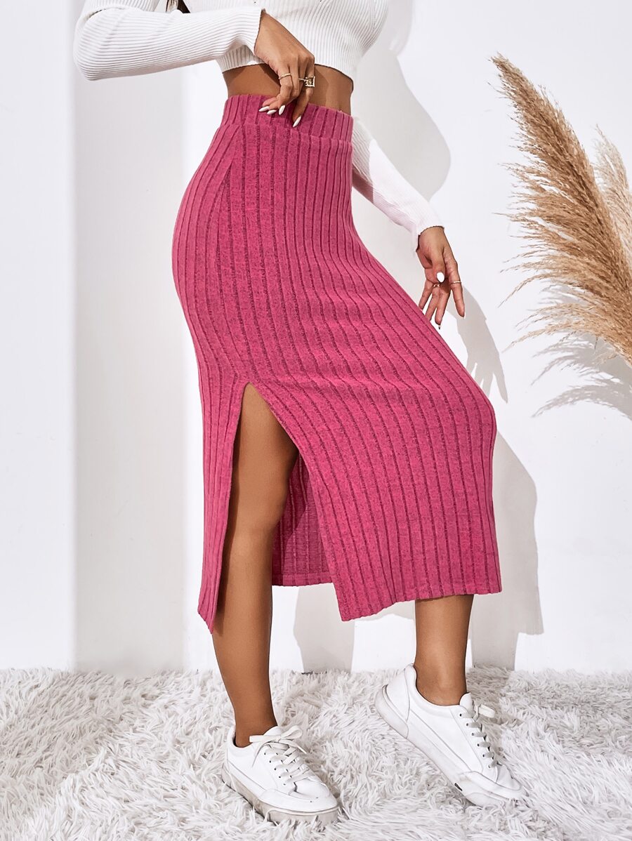 SHEIN Essnce 高腰高衩半身裙 - 玫紅色 - 查看 1