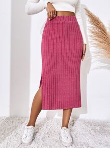 SHEIN Essnce 高腰高衩半身裙 - 玫紅色 - 查看 3