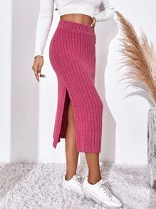 SHEIN Essnce 高腰高衩半身裙 - 玫紅色 - 查看 4