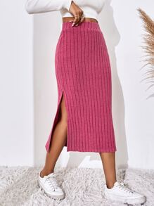 SHEIN Essnce 高腰高衩半身裙 - 玫紅色 - 查看 5