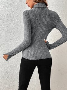 SHEIN Frenchy High Neck Button Detail Tee - Dark Grey - View 2