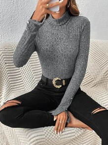 SHEIN Frenchy High Neck Button Detail Tee - Dark Grey - View 5