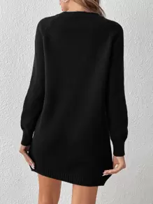 SHEIN Privé 紐扣細節插肩袖毛衣洋裝 - 黑色 - 查看 2