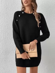 SHEIN Privé 紐扣細節插肩袖毛衣洋裝 - 黑色 - 查看 3