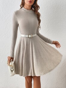 SHEIN Frenchy Mock Neck Ribbed Knit Dress Without Belt - Apricot - View 6
