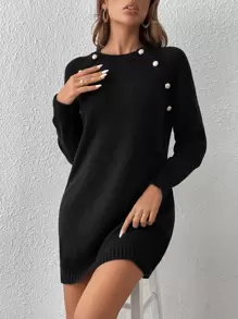 SHEIN Privé 紐扣細節插肩袖毛衣洋裝 - 黑色 - 查看 5