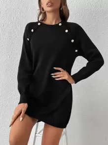 SHEIN Privé 紐扣細節插肩袖毛衣洋裝 - 黑色 - 查看 6